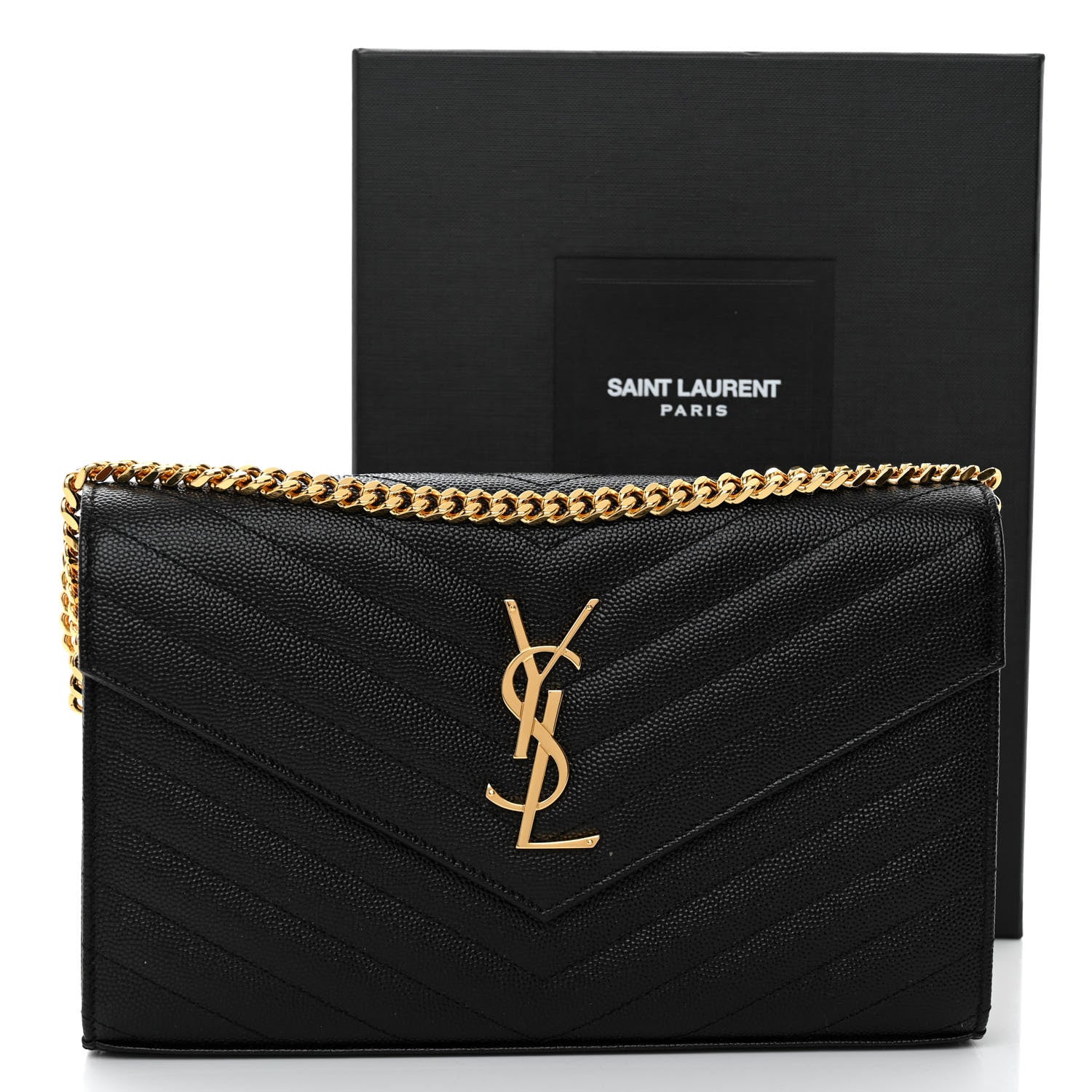 Saint Laurent Grain De Poudre Matelasse Chevron Monogram Chain Wallet Black 10 of 10