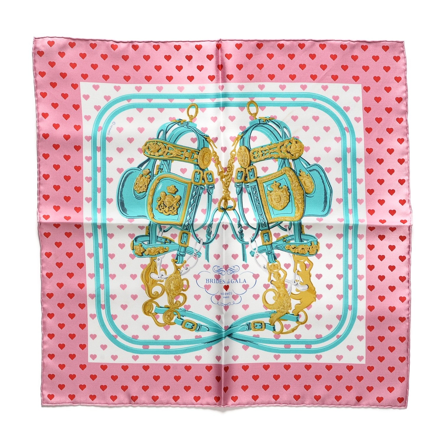 Hermes Silk Brides De Gala Love Pocket Square Rose Buvard Rouge Turquoise 1 of 4