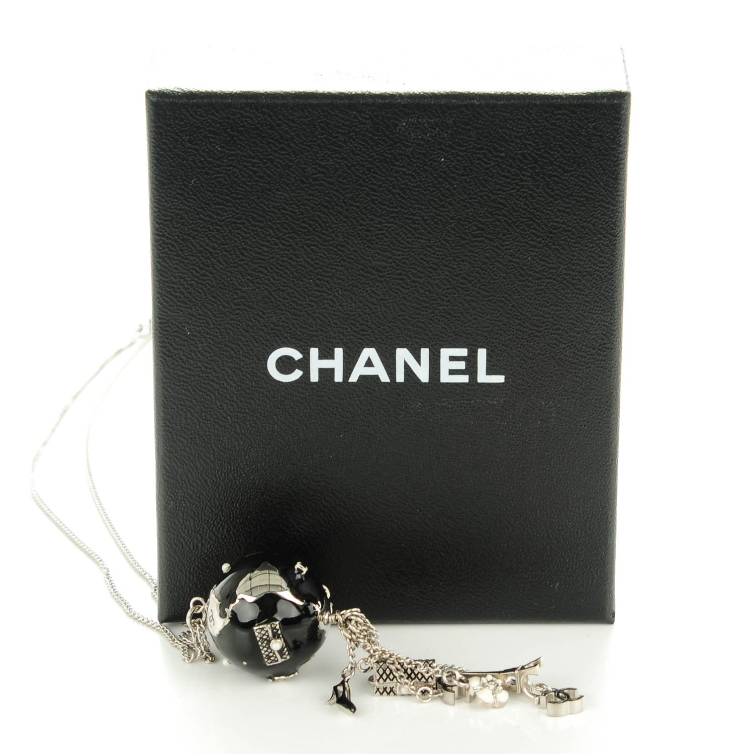 Chanel Camellia CC Globe Drop Pendant Necklace Black Silver 6 of 6