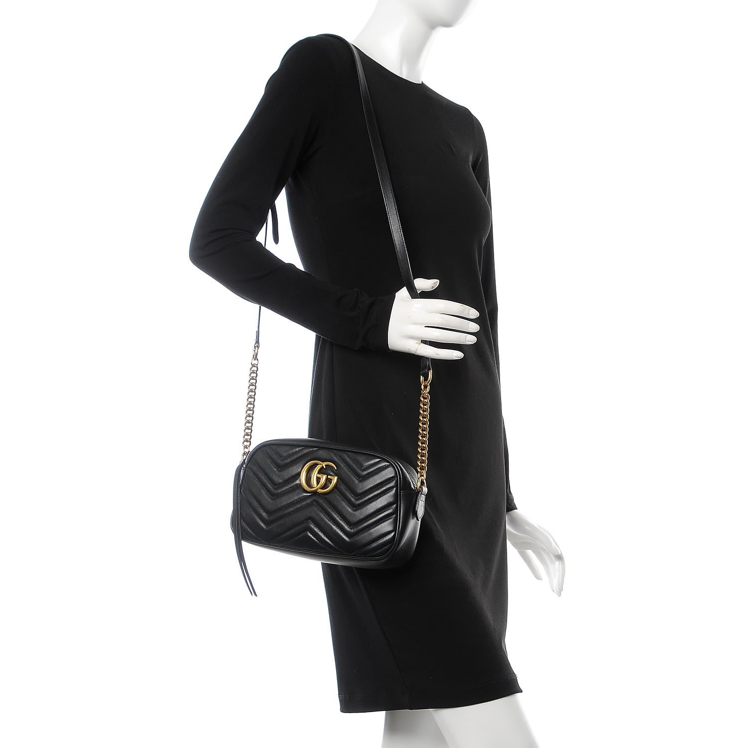 Gucci Calfskin Matelasse Small GG Marmont Chain Shoulder Bag Black 2 of 7