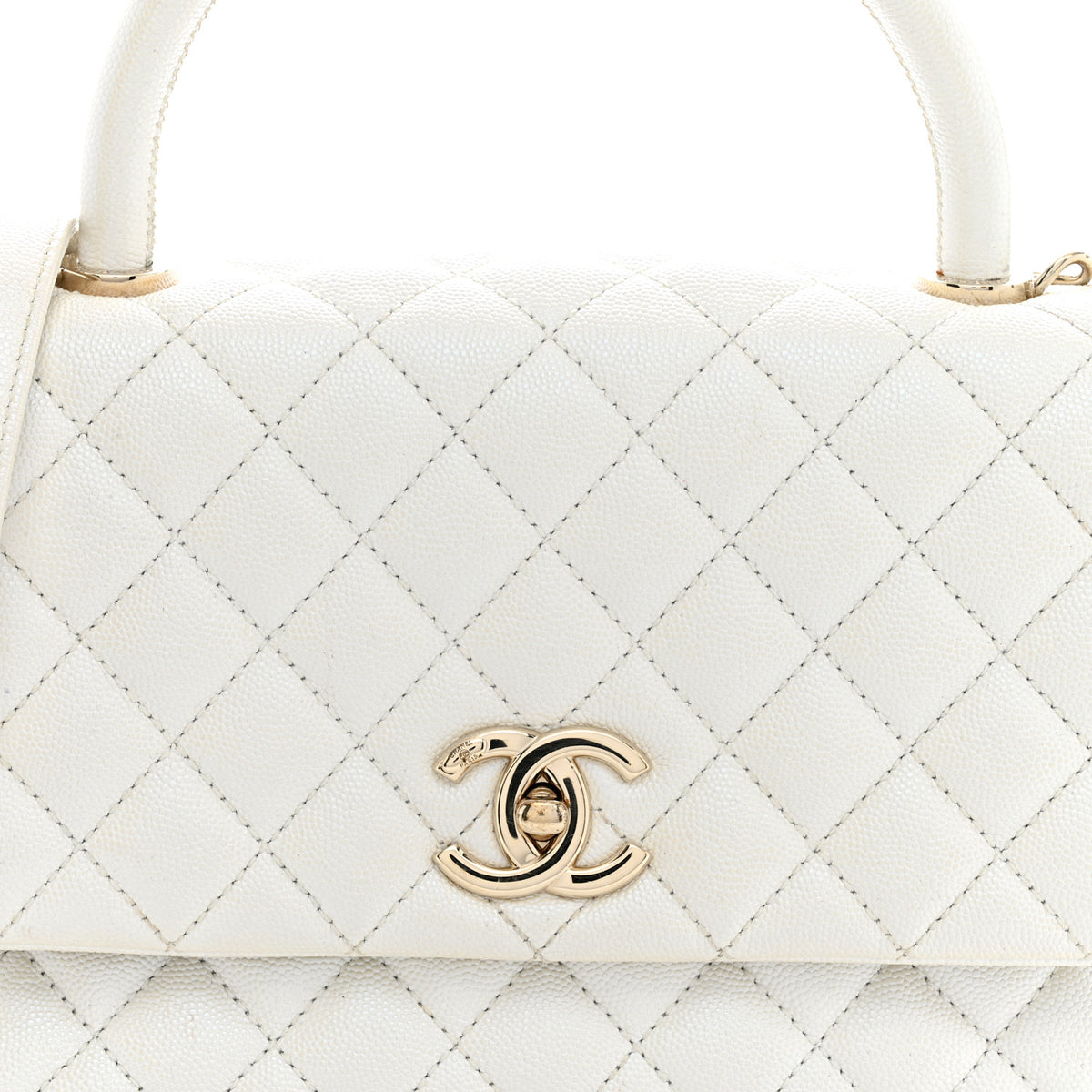 Iridescent Caviar Quilted Small Coco Handle Flap White
