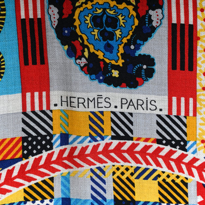 Hermes Cashmere Silk Paisley Blossom Shawl 140 Naturel Bleu Rouge 4 of 5