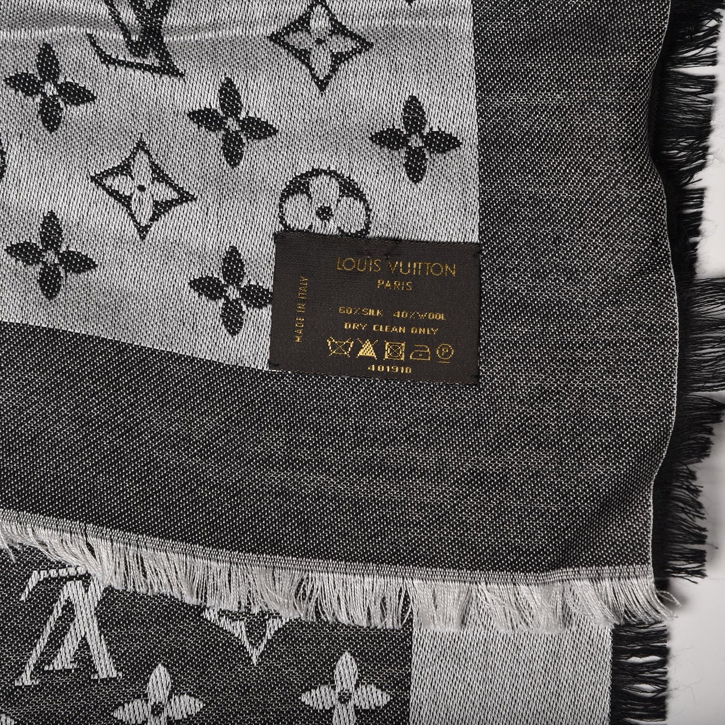 Wool Silk Monogram Denim Shawl Black