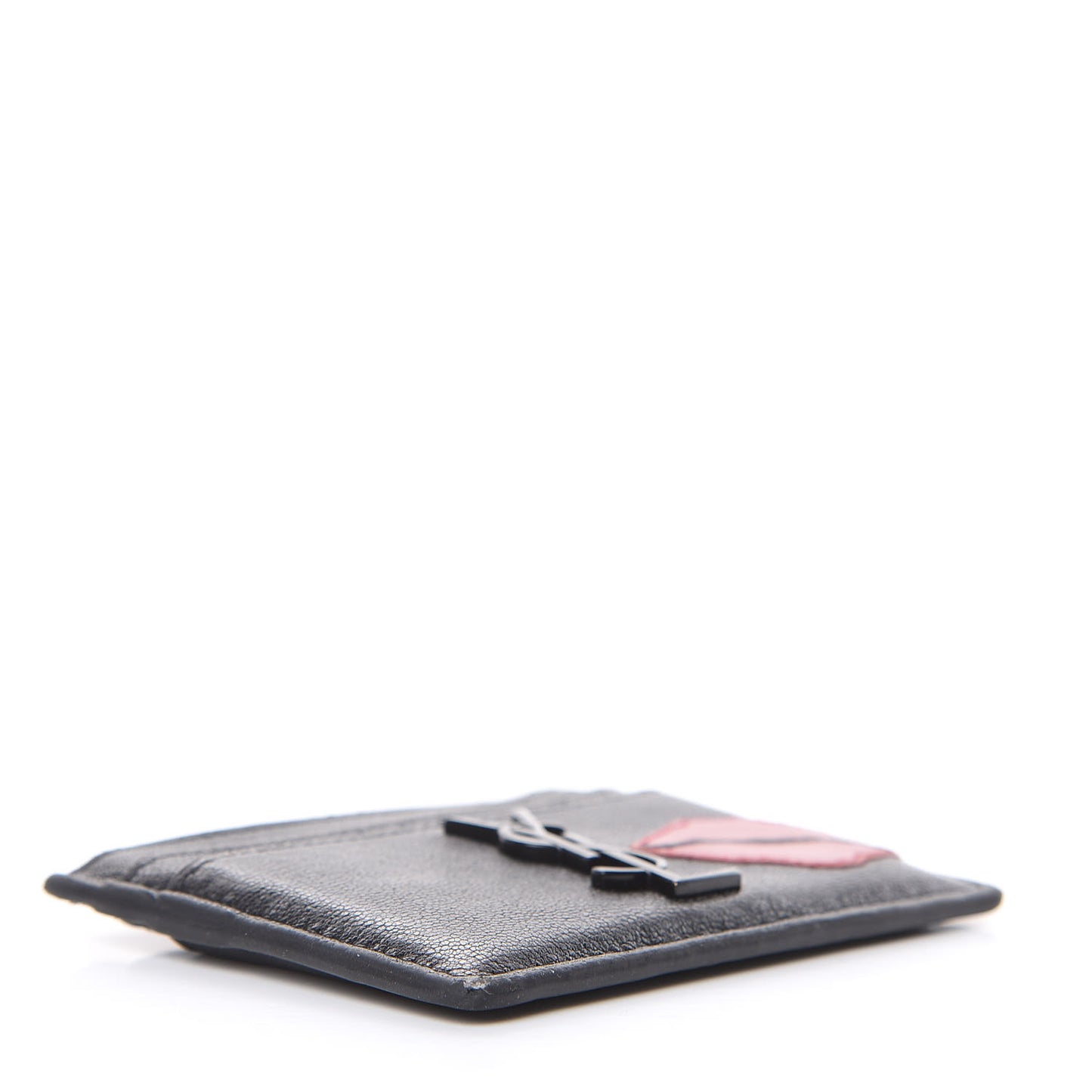 Calfskin Lip Embroidered Credit Card Case Black
