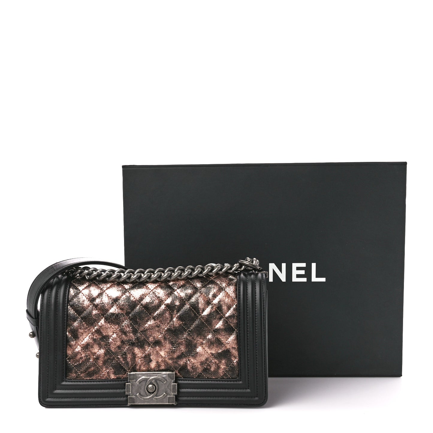 Cracked Metallic Calfskin Quilted Medium Boy Flap Black