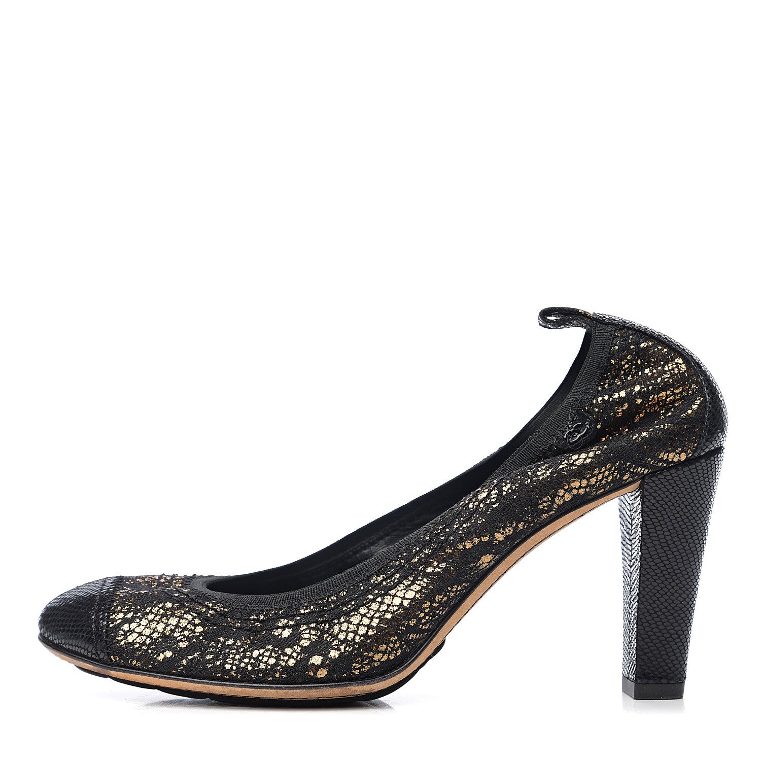 Chanel Metallic Fabric Elastic Cap Toe Pumps 37 Black Gold 1 of 8