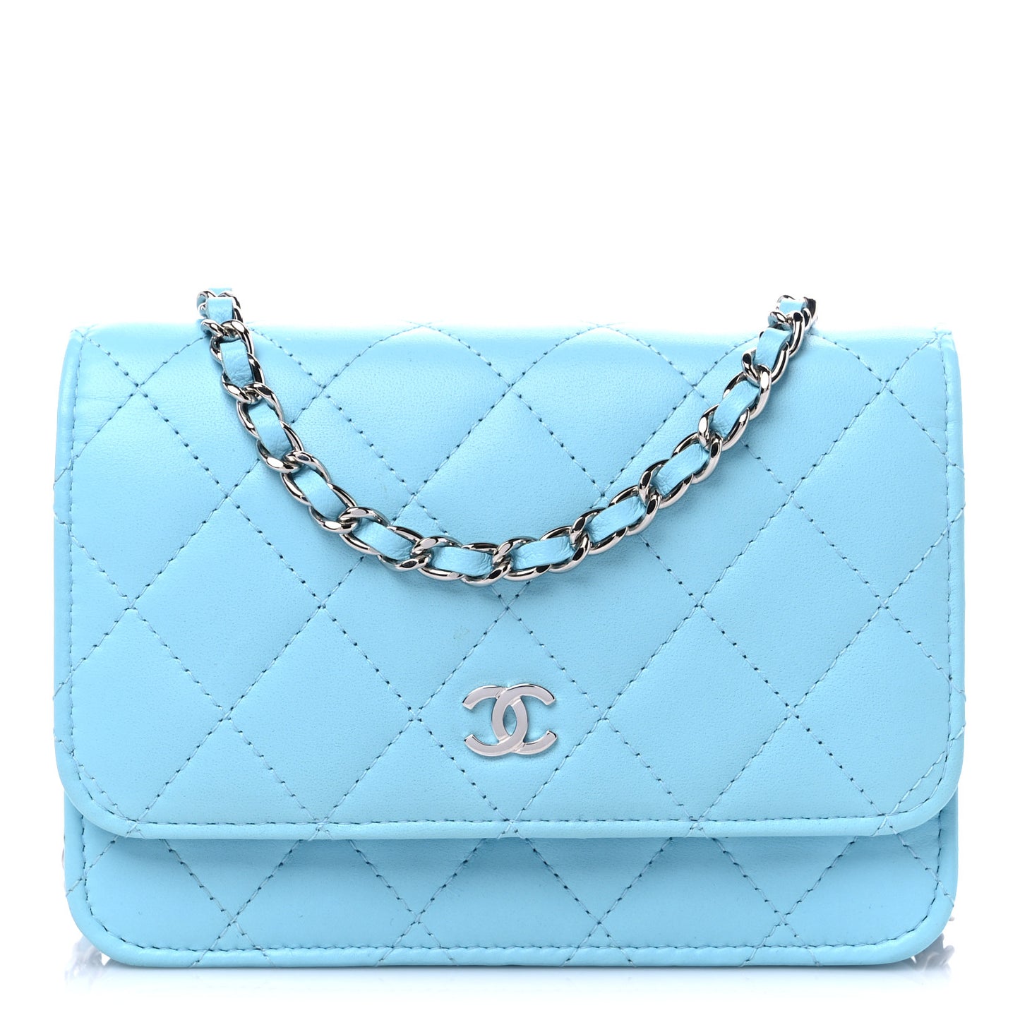 Lambskin Quilted Mini Wallet On Chain WOC Light Blue