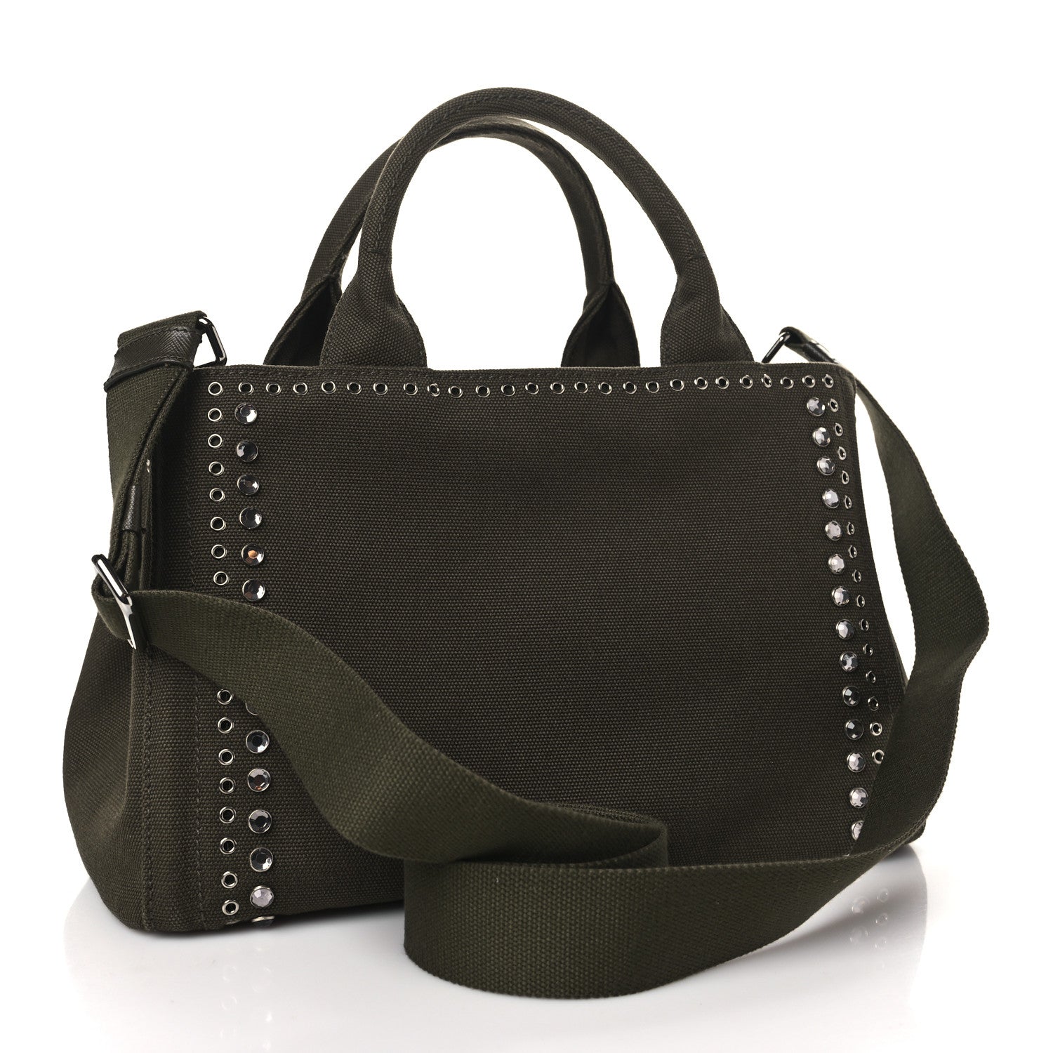 Prada Canvas Crystal Studded Canapa Tote Militare 3 of 9