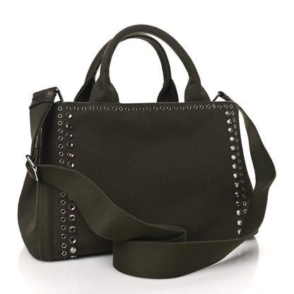 Prada Canvas Crystal Studded Canapa Tote Militare 3 of 9