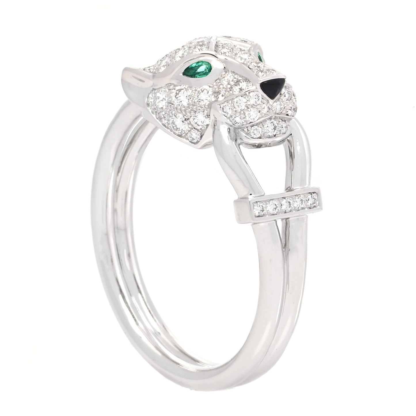 18K White Gold Diamond Emerald Black Onyx Panthere de Cartier Ring 62 10