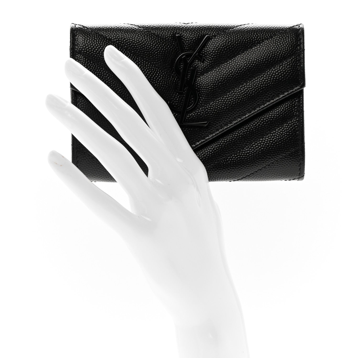 Saint Laurent Grain De Poudre Matelasse Chevron Small Monochrome Monogram Envelope Wallet Black 2 of 8