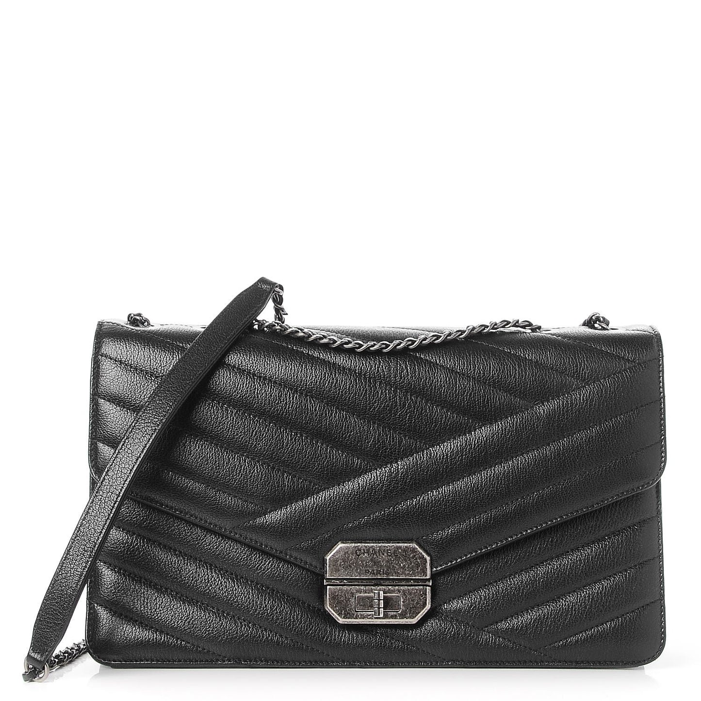 Shiny Goatskin Chevron Quilted Gabrielle Flap Black