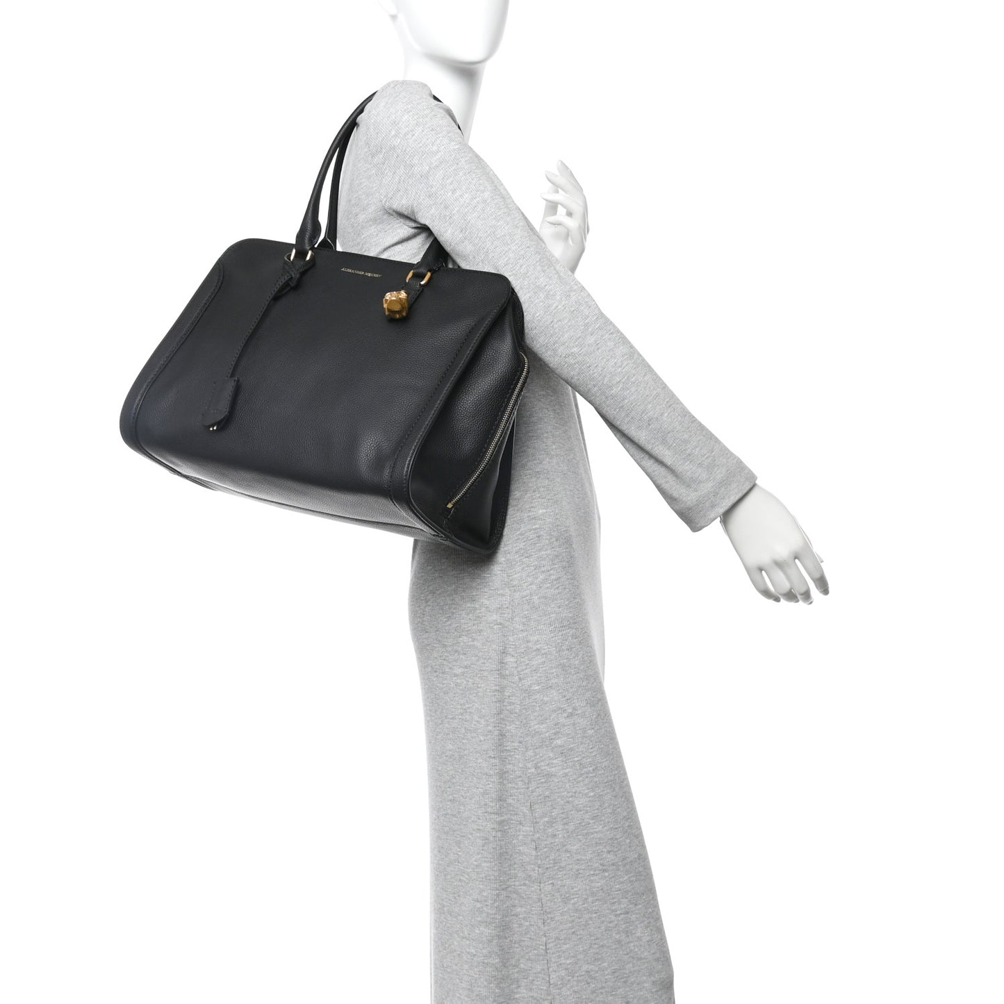 Pebbled Calfskin Large Skull Padlock Zip Around Tote Black