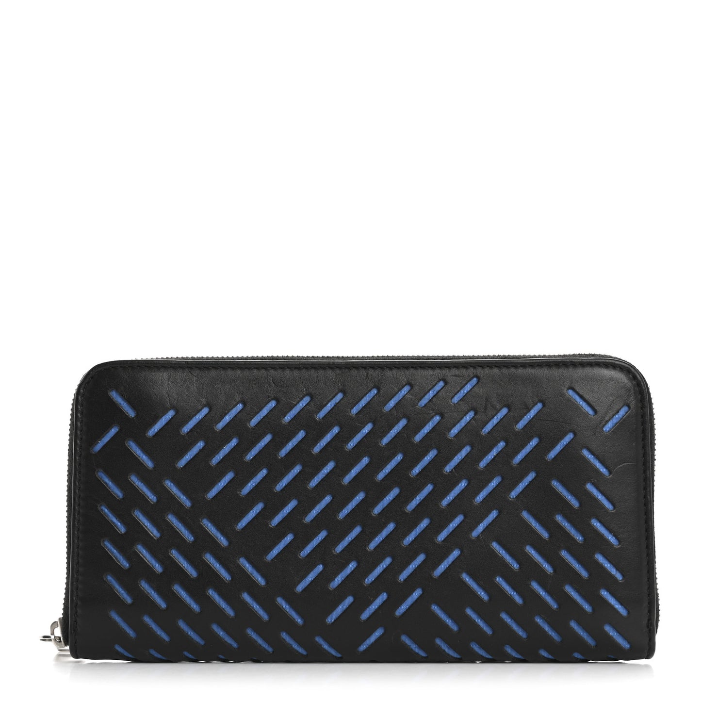 Calfskin Perforated Zip Around Wallet Blue Black