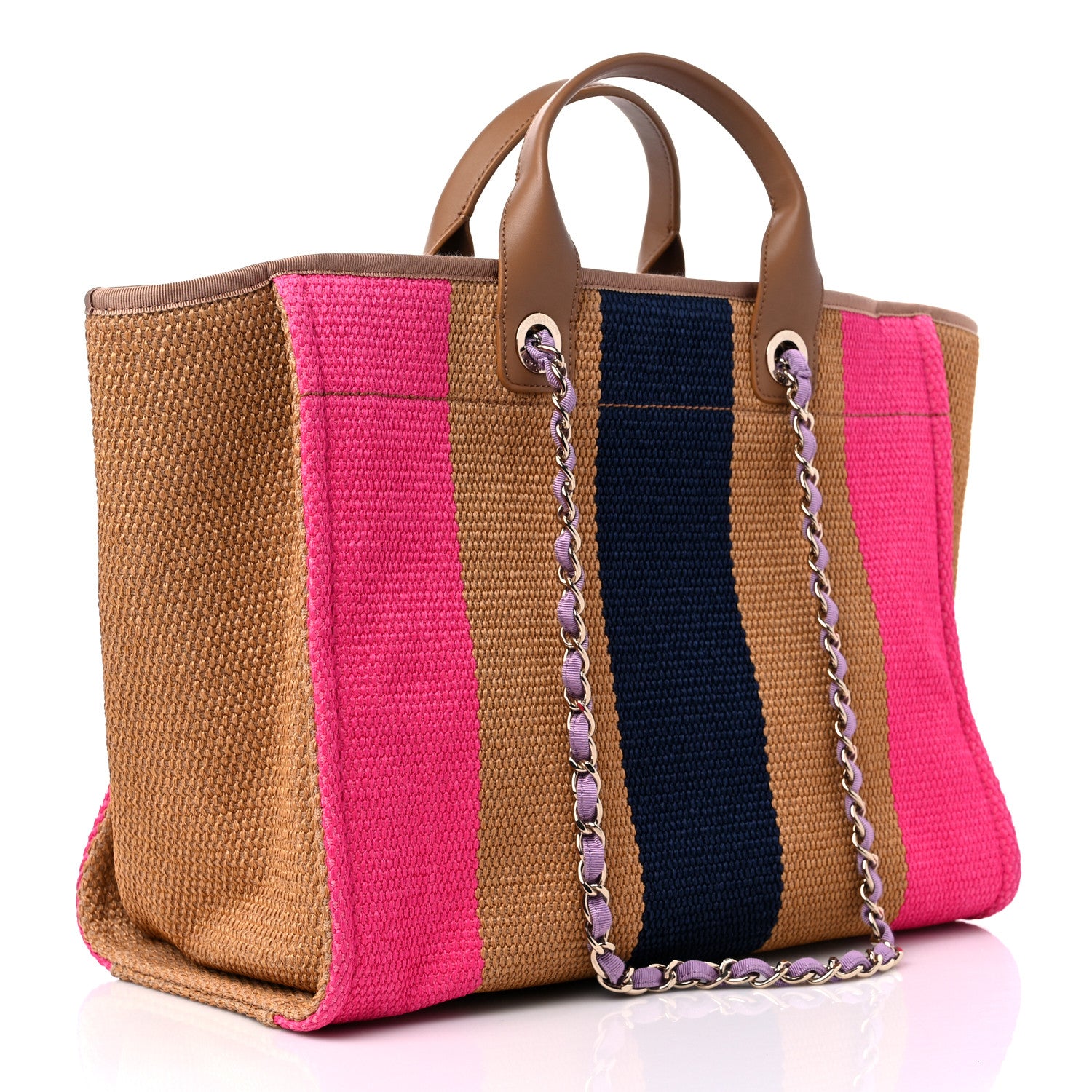 Chanel Straw Raffia Calfskin Striped Medium Deauville Tote Dark Beige Fuchsia Navy Blue 3 of 10