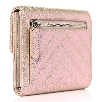 Chanel Metallic Caviar Chevron Quilted Compact Flap Wallet Light Gold 3 of 10
