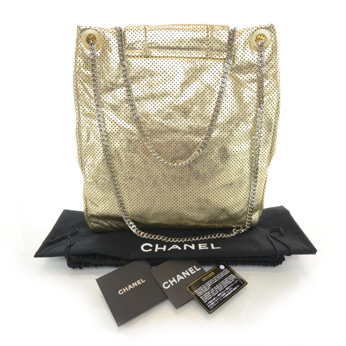 Metallic Crackled Calfskin Perforated Drill Shoulder Bag Gold