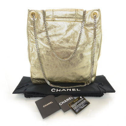 Chanel Metallic Crackled Calfskin Perforated Drill Shoulder Bag Gold 3 of 9