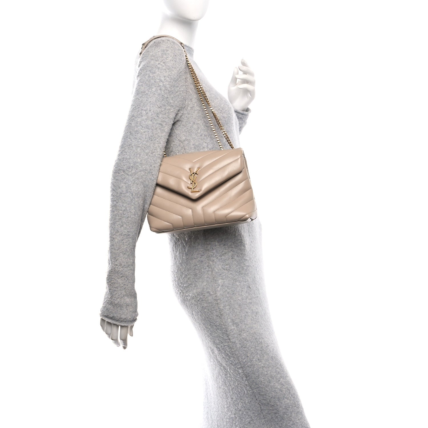 Saint Laurent Calfskin Y Quilted Monogram Small Loulou Chain Satchel Dark Beige 2 of 11
