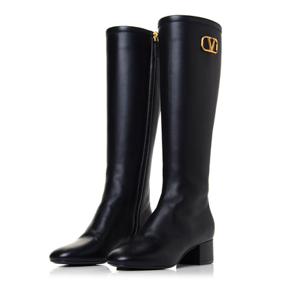 Valentino Garavani Calfskin Vlogo Knee High 45mm Boots 35 Black 3 of 8