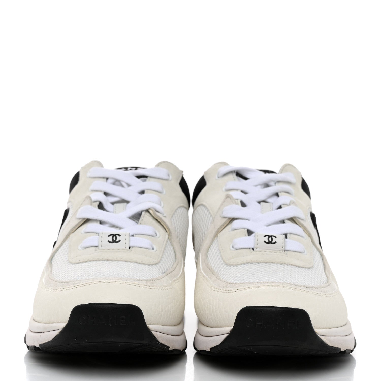 Chanel Mesh Suede Calfskin Grained Calfskin Womens CC Sneakers 38.5 White Black 2 of 9