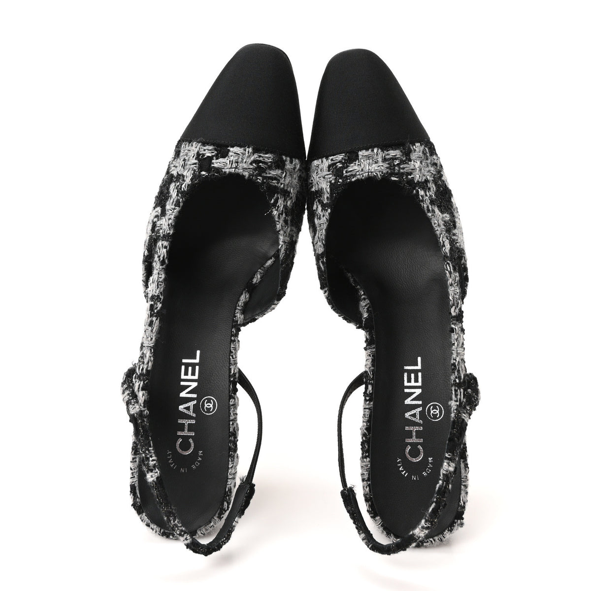 Chanel Tweed Grosgrain Cap Toe CC Slingback Pumps 41.5 Black Grey 2 of 10