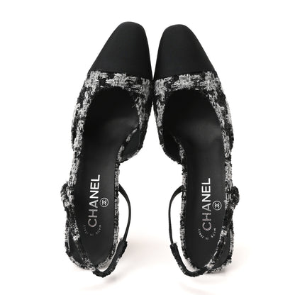 Chanel Tweed Grosgrain Cap Toe CC Slingback Pumps 41.5 Black Grey 2 of 10