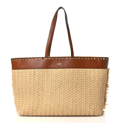 Valentino Garavani Raffia Calfskin Rockstud Shoulder Tote Naturale Saddle Brown 1 of 8