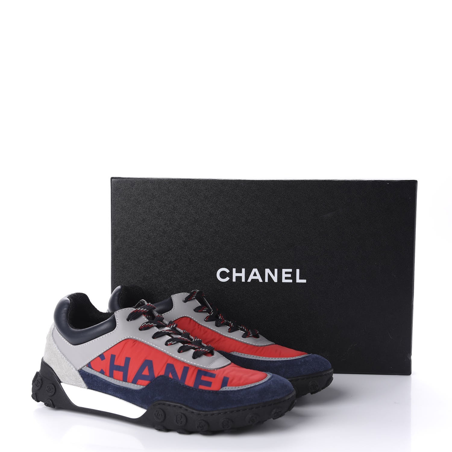 Chanel Nylon Calfskin Suede Womens CC Sneakers 37.5 Red Grey Navy 10 of 10