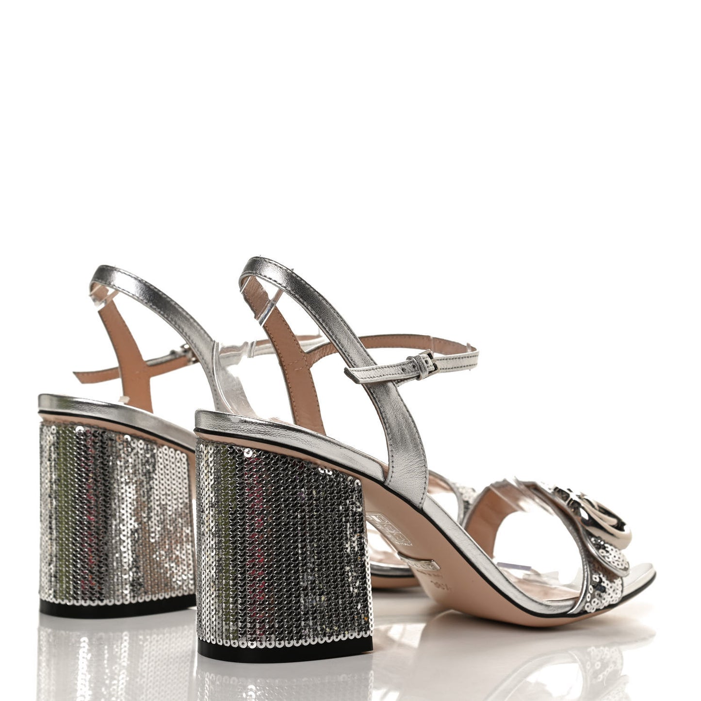 Sequin Satin Nappa GG Marmont Ankle Wrap 75mm Sandals 38.5 Silver Grigio Argento