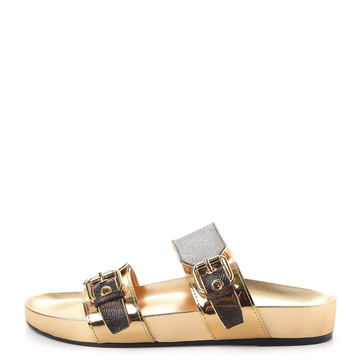 Patent Calfskin Monogram Metallic Bom Dia Mule Sandals 38 Gold