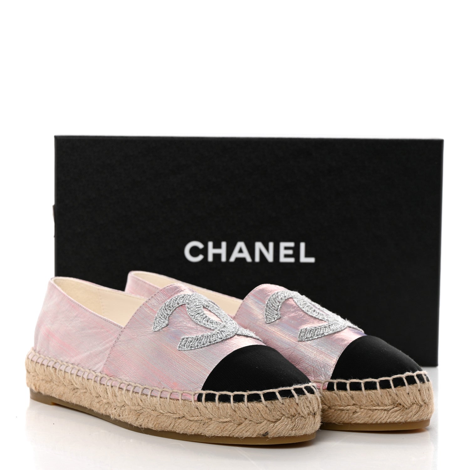 Chanel Laminated Lambskin Grosgrain Embroidered CC Espadrilles 37 Pink Silver Black 10 of 10