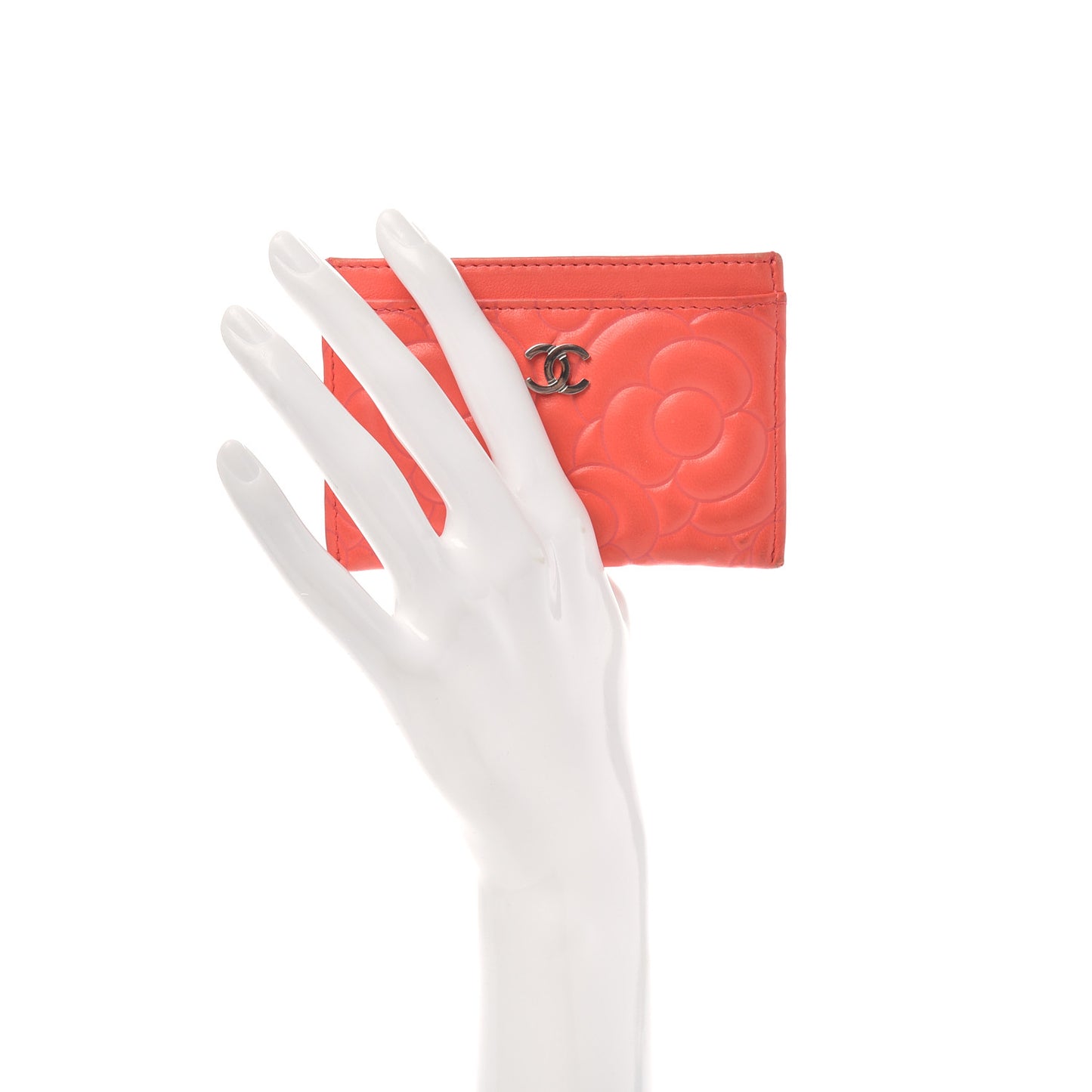 Goatskin Camellia Embossed Card Holder Coral