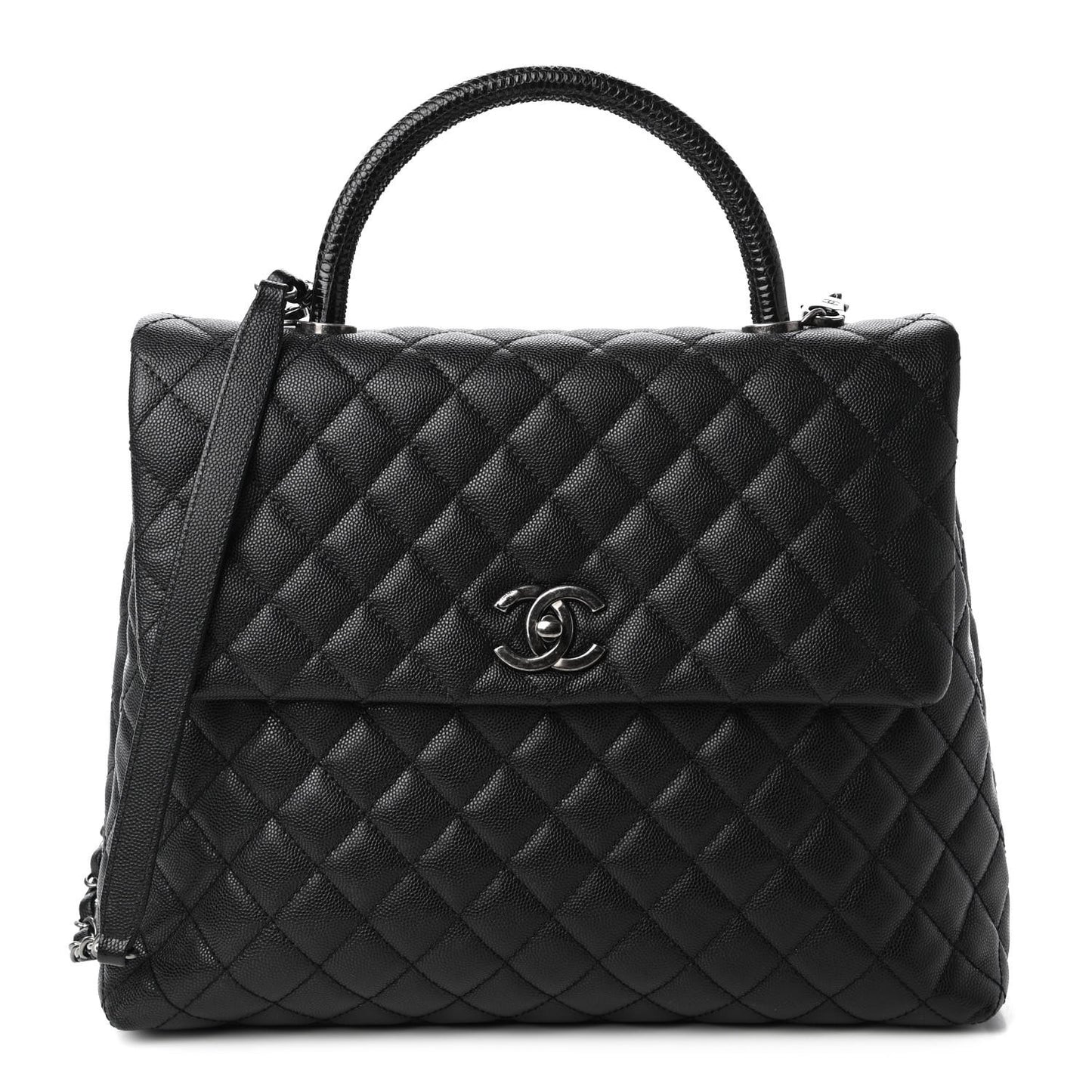 Caviar Lizard Quilted Large Coco Handle Flap Black