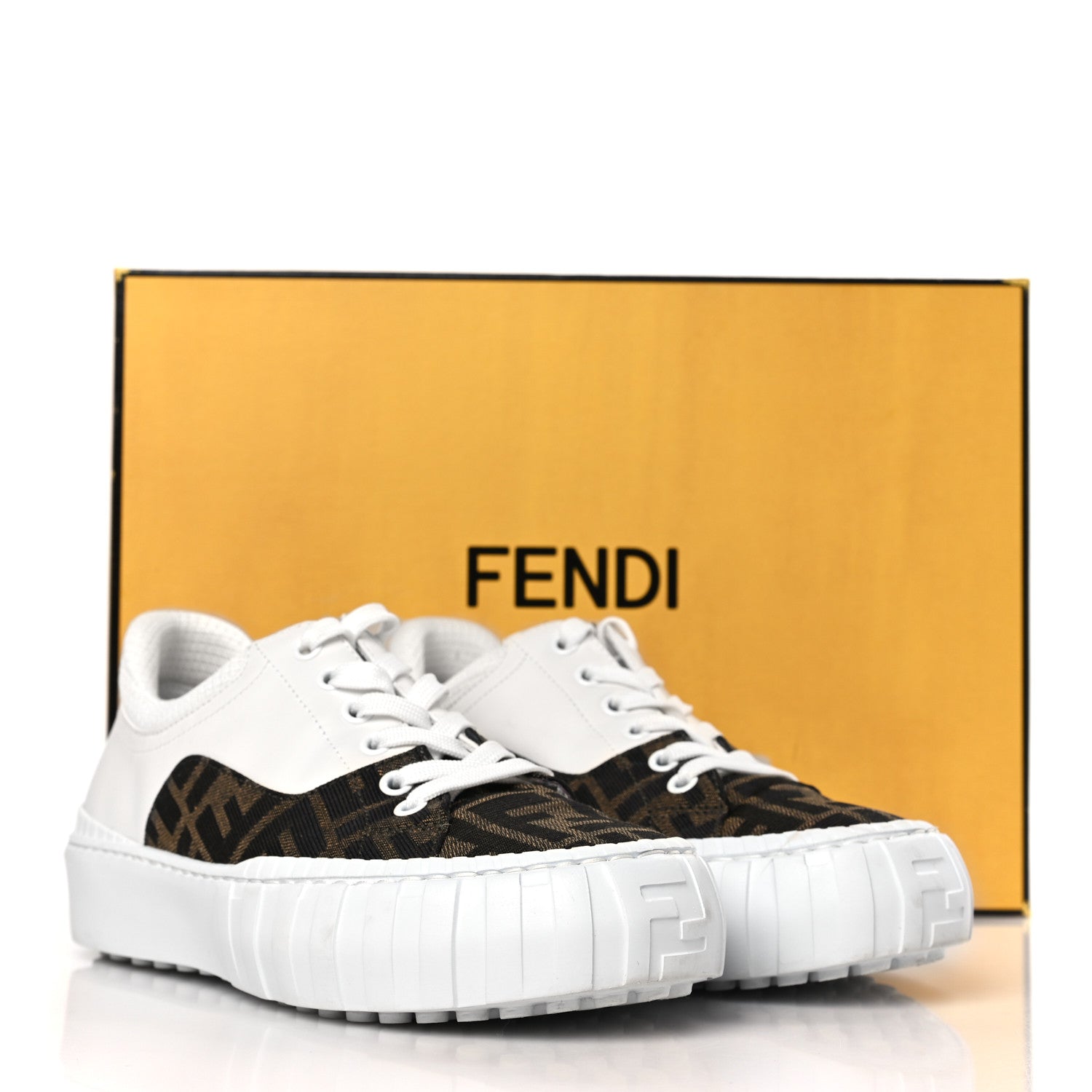 Fendi Fabric Jacquard Vitello Technical Fabric FF Womens Fendi Force Low Top Sneakers 36 Tobacco Black Ultra White White 11 of 11