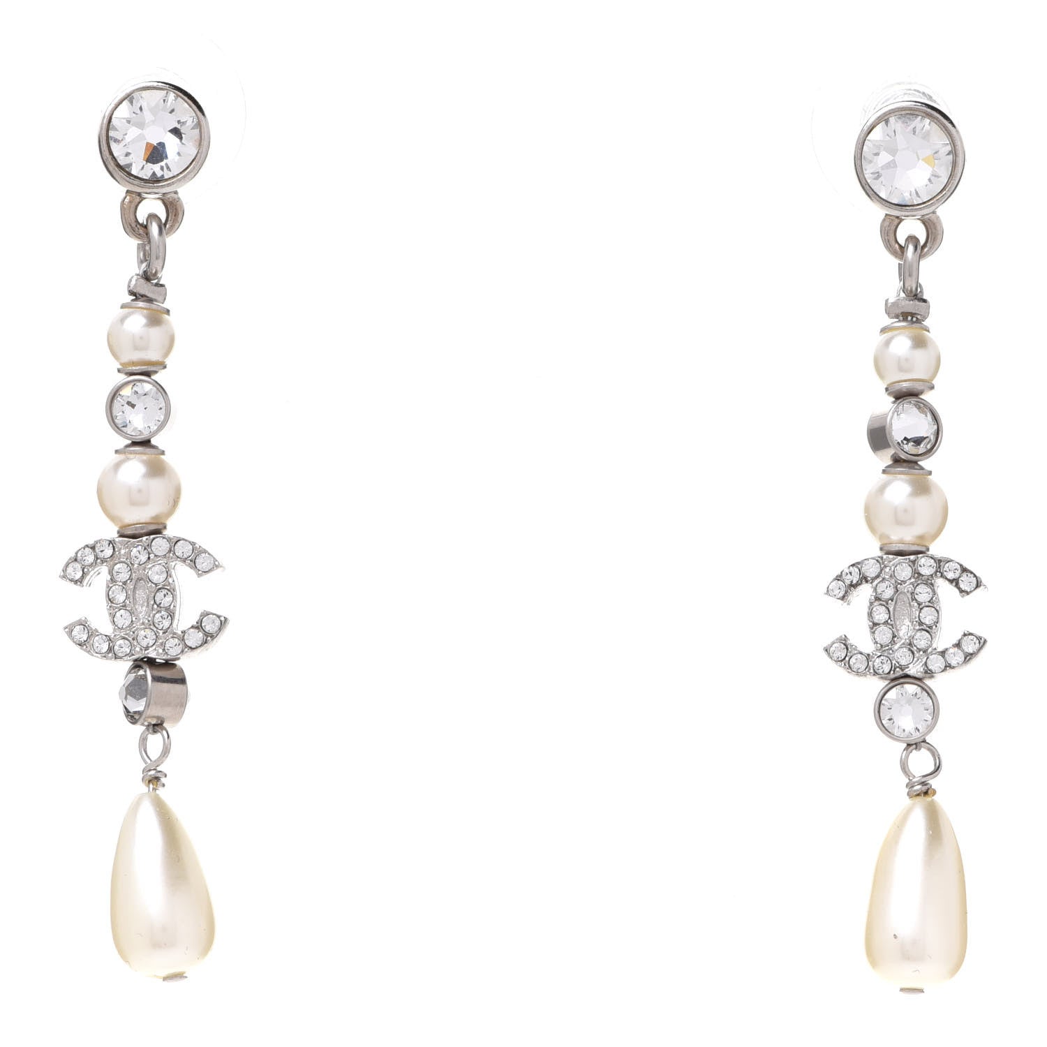 Chanel Crystal Pearl CC Drop Earring Silver 1 of 5