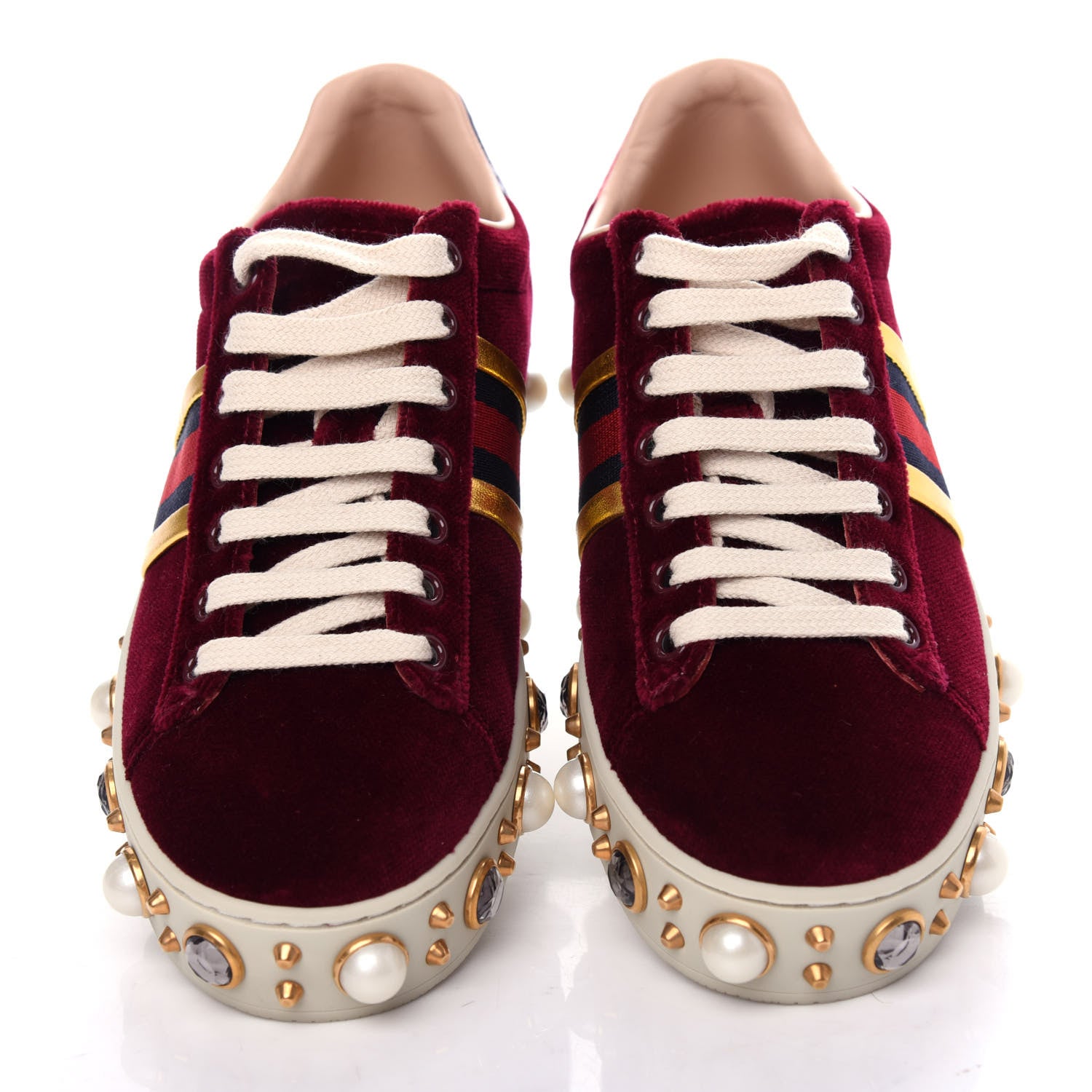 Gucci Velvet Ayers Web Faux Pearl Embellished Womens New Ace Sneakers 35 Malbec Oro Vecchio 5 of 11