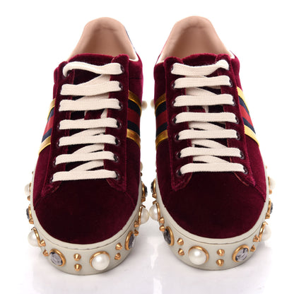 Gucci Velvet Ayers Web Faux Pearl Embellished Womens New Ace Sneakers 35 Malbec Oro Vecchio 5 of 11