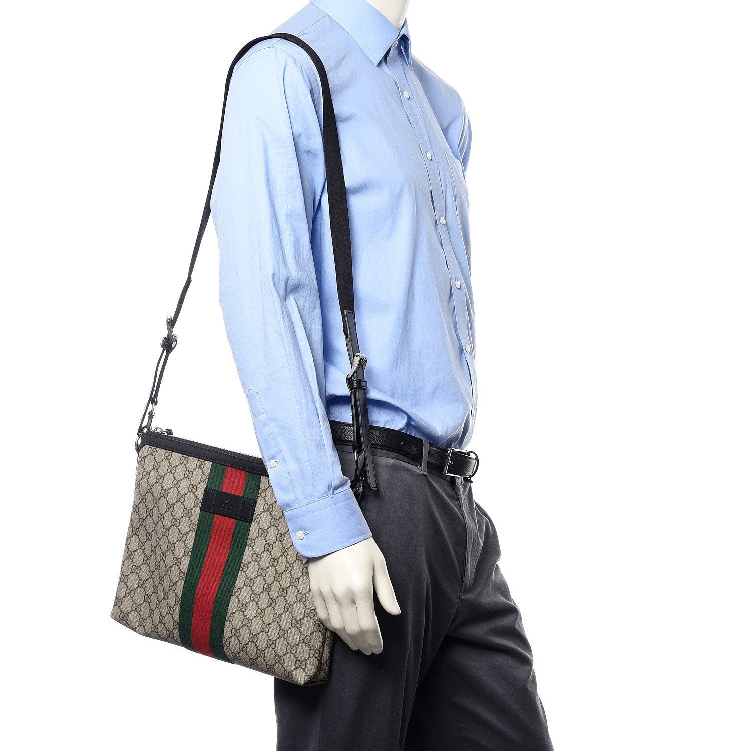 Gucci GG Supreme Monogram Calfskin Web Medium Flat Messenger Bag Beige Ebony Black 2 of 9