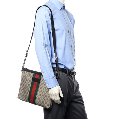 Gucci GG Supreme Monogram Calfskin Web Medium Flat Messenger Bag Beige Ebony Black 2 of 9