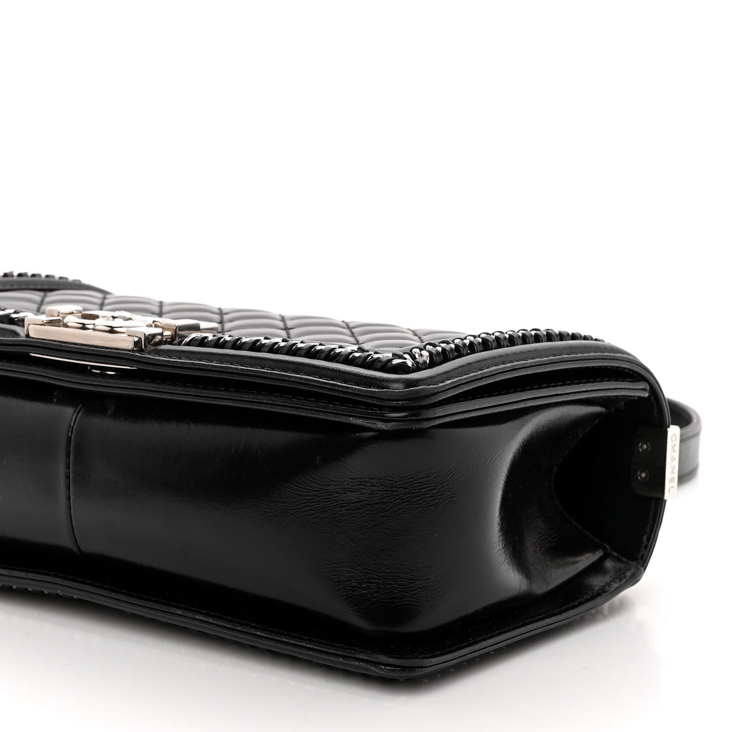 Glazed Calfskin Quilted Medium Chain Around Boy Flap Black