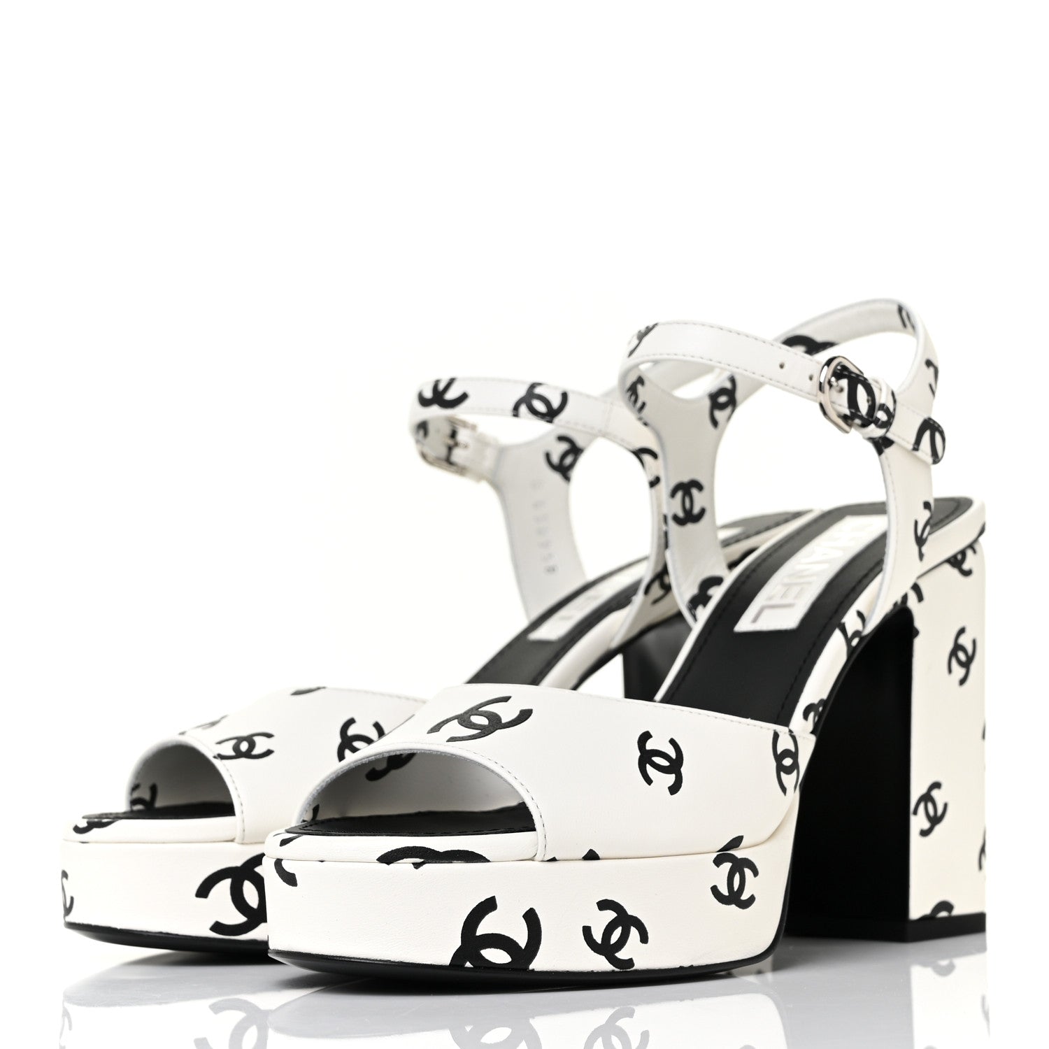 Chanel Printed Lambskin Coco Beach Platform Sandals 38 White Black 3 of 8