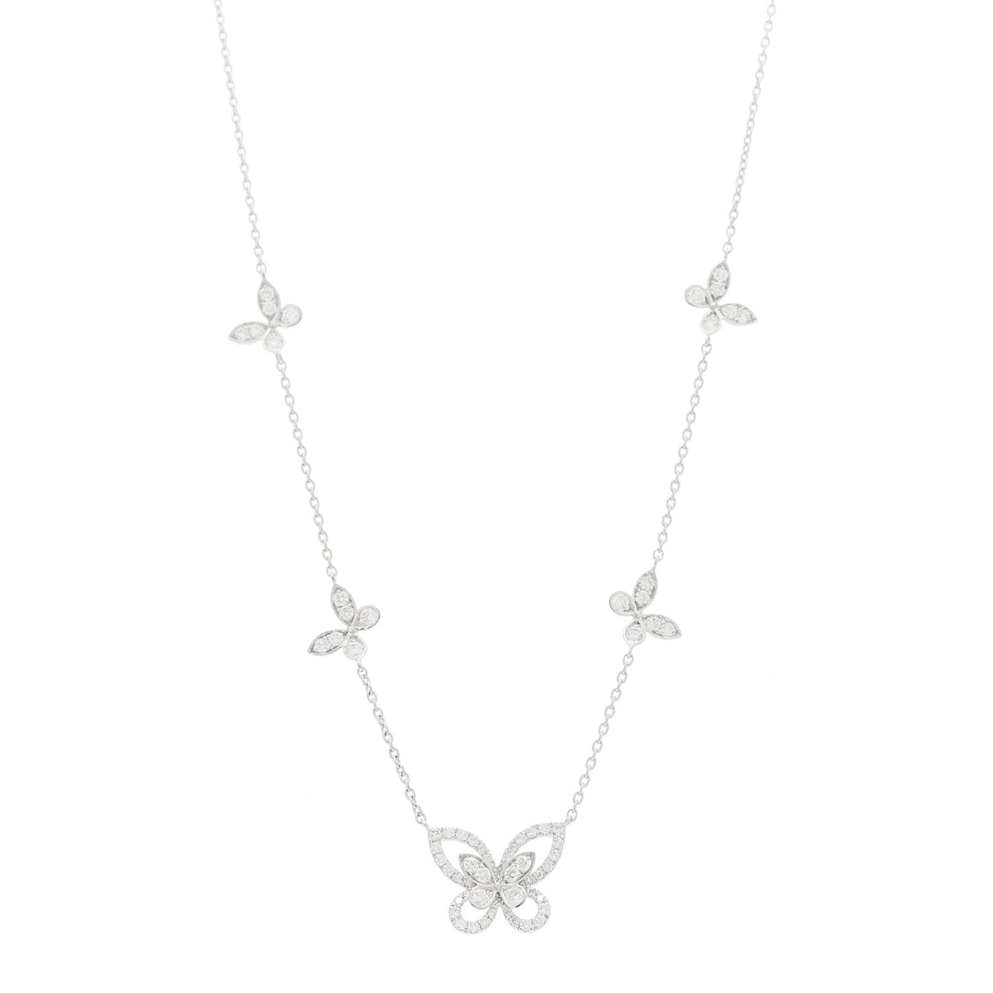 18K White Gold Diamond Multi Butterfly Silhouette Pendant Necklace