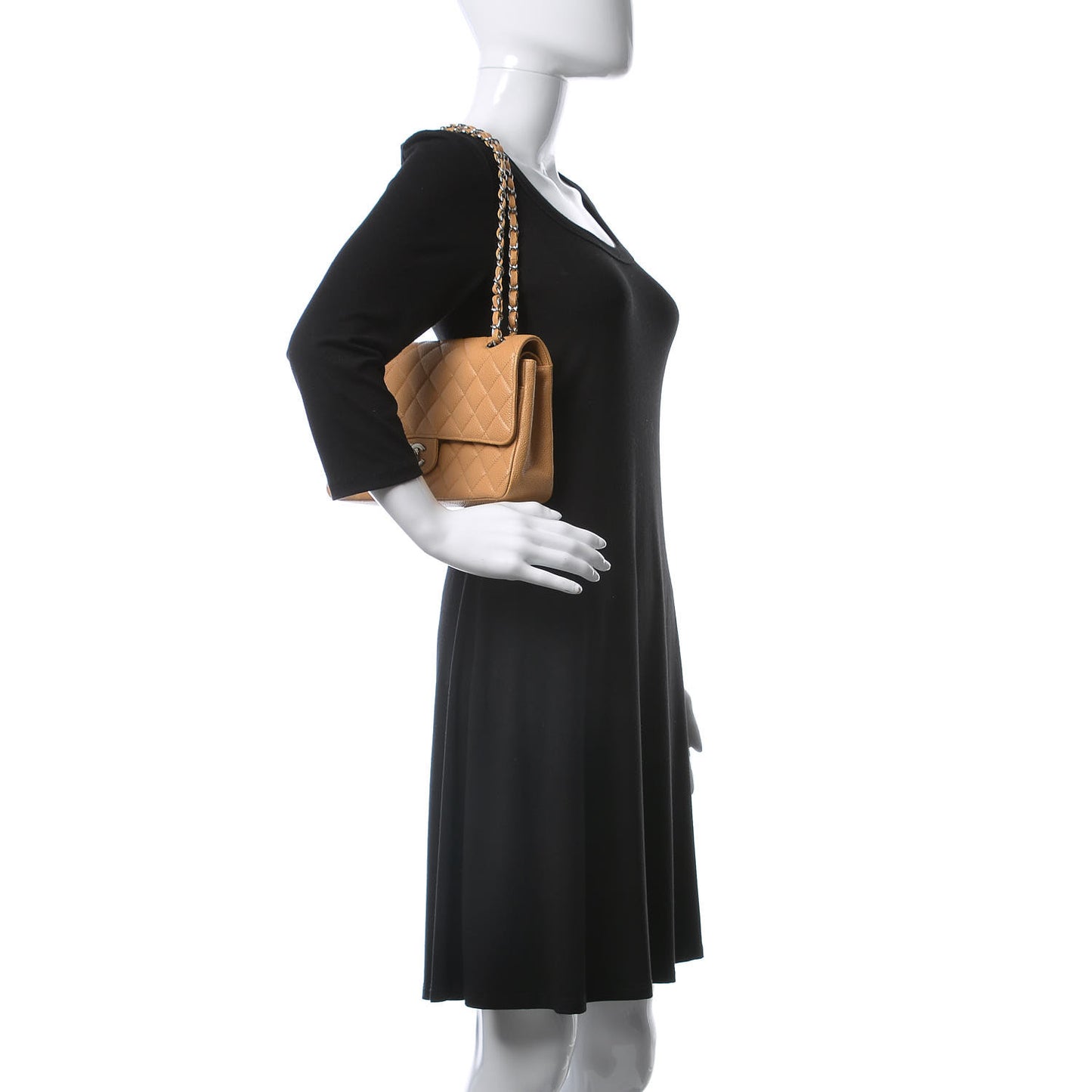 Caviar Quilted Medium Double Flap Beige