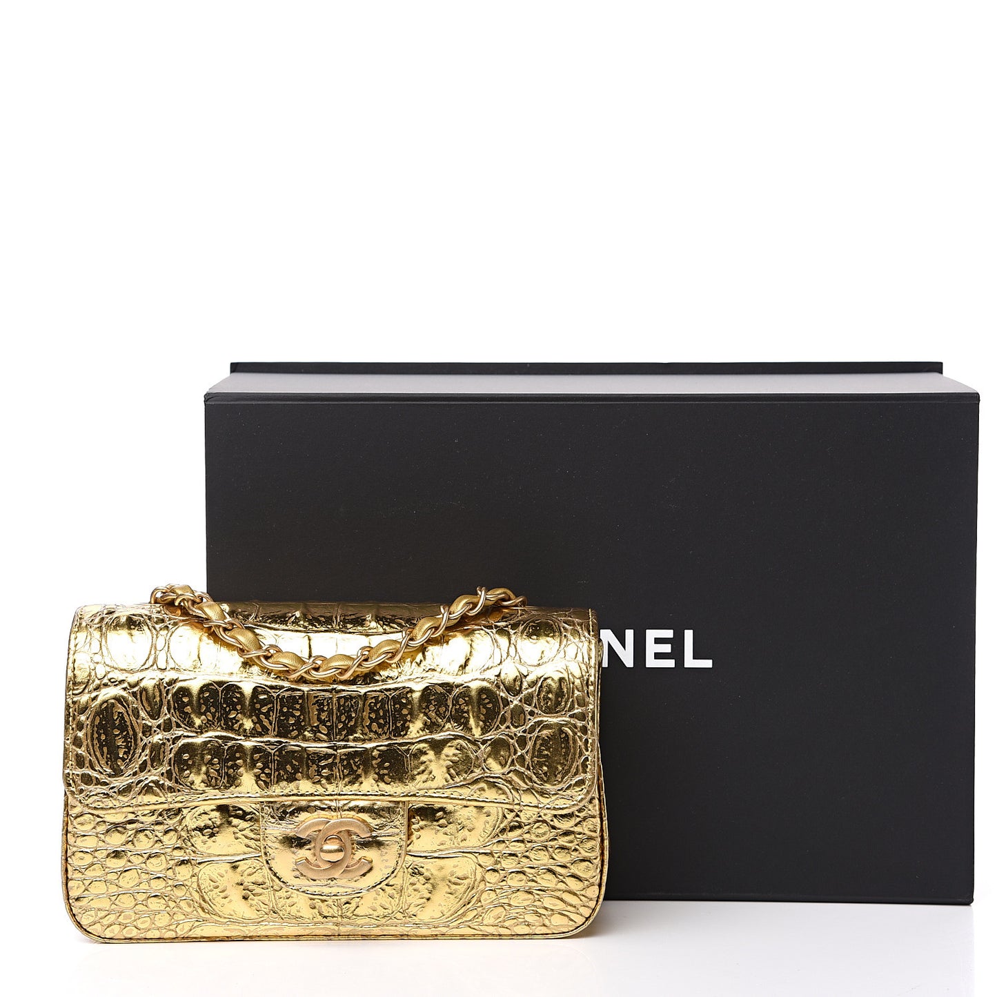 Metallic Calfskin Crocodile Embossed Rectangular Mini Flap Gold