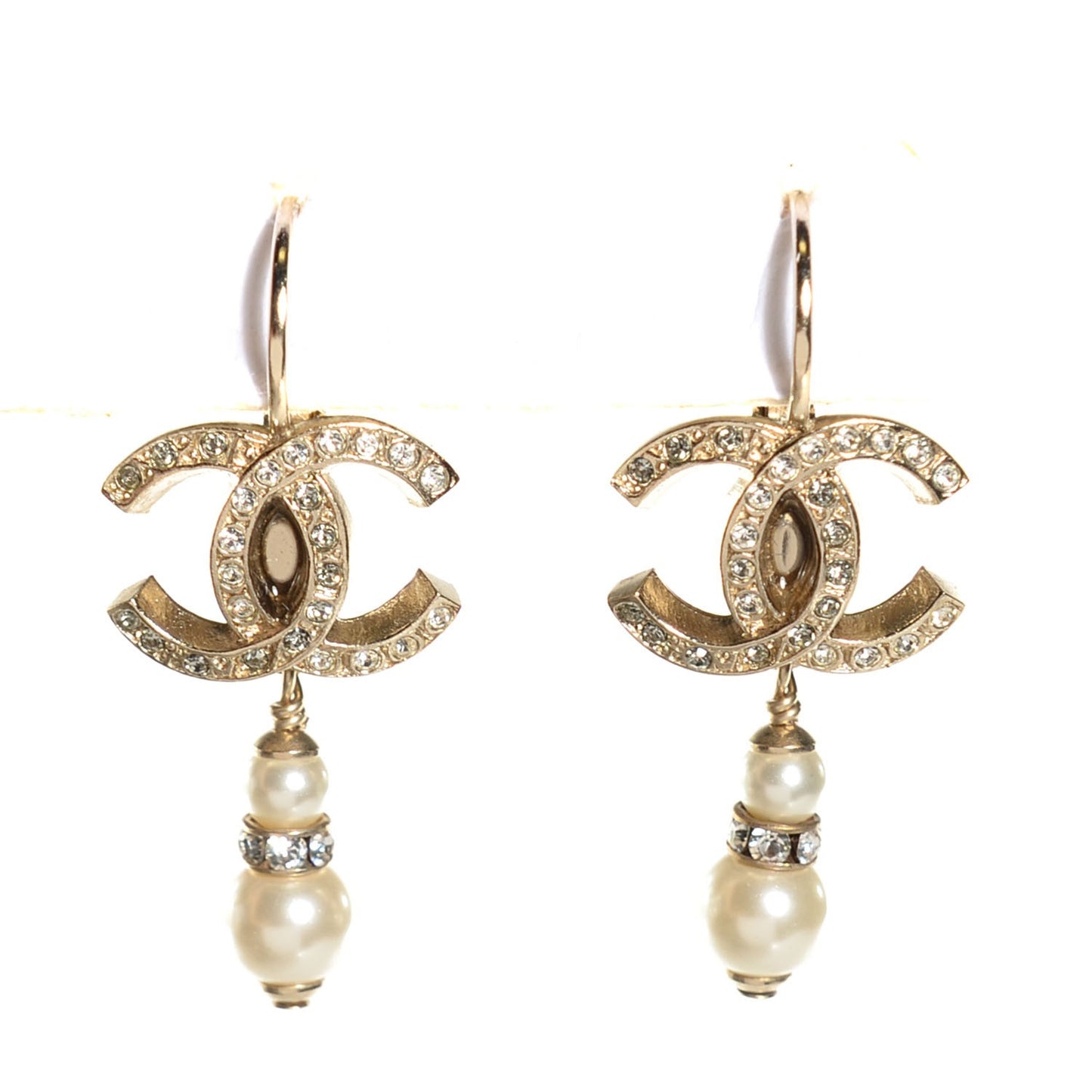 Crystal CC Pearl Dangle Earrings Gold