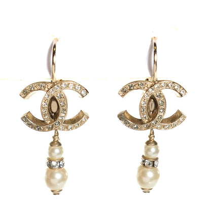 Chanel Crystal CC Pearl Dangle Earrings Gold 1 of 5