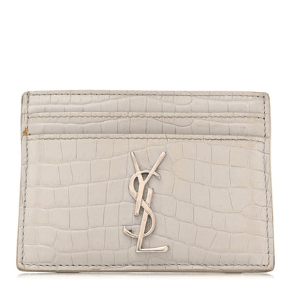 Saint Laurent Calfskin Crocodile Embossed Monogram Card Case Grey 1 of 8