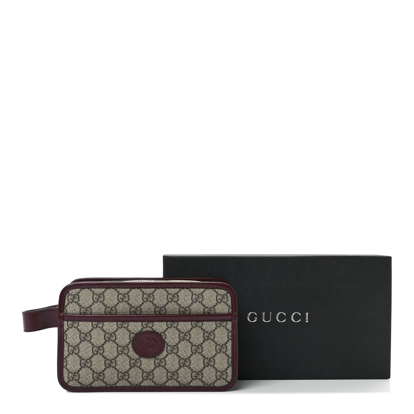 GG Supreme Monogram Textured Calfskin Retro Interlocking G Travel Pouch Beige Ebony Burgundy