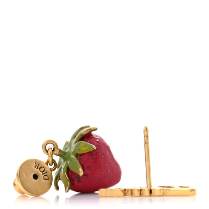 Christian Dior Metal Strawberry Logo Earring Gold Red 3 of 5